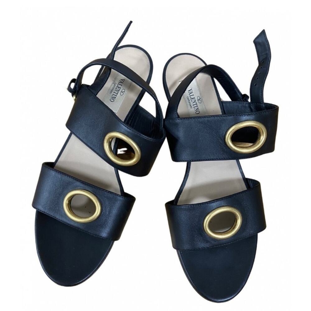 Valentino Garavani Black Leather Sandals – Gold Ring Accent, Size 8.5